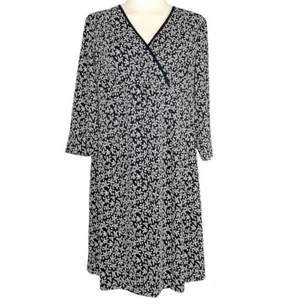 Floral Print‎ Maternity Dress V Neck Black Tan Career Faux Wrap Babydoll Size M